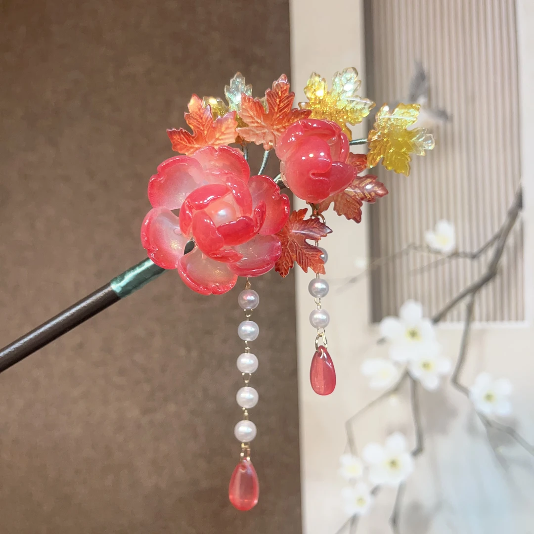 470柠芳秋原创 琉璃木簪汉服发饰头饰流苏发饰旗袍配饰古风红色