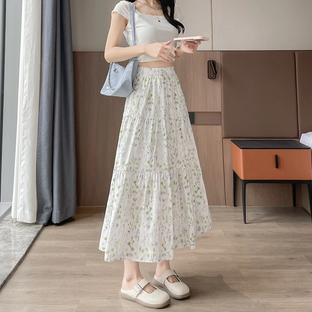 小个子碎花裙女春秋季新款宽松半身裙高腰A字伞裙中长款休闲裙子