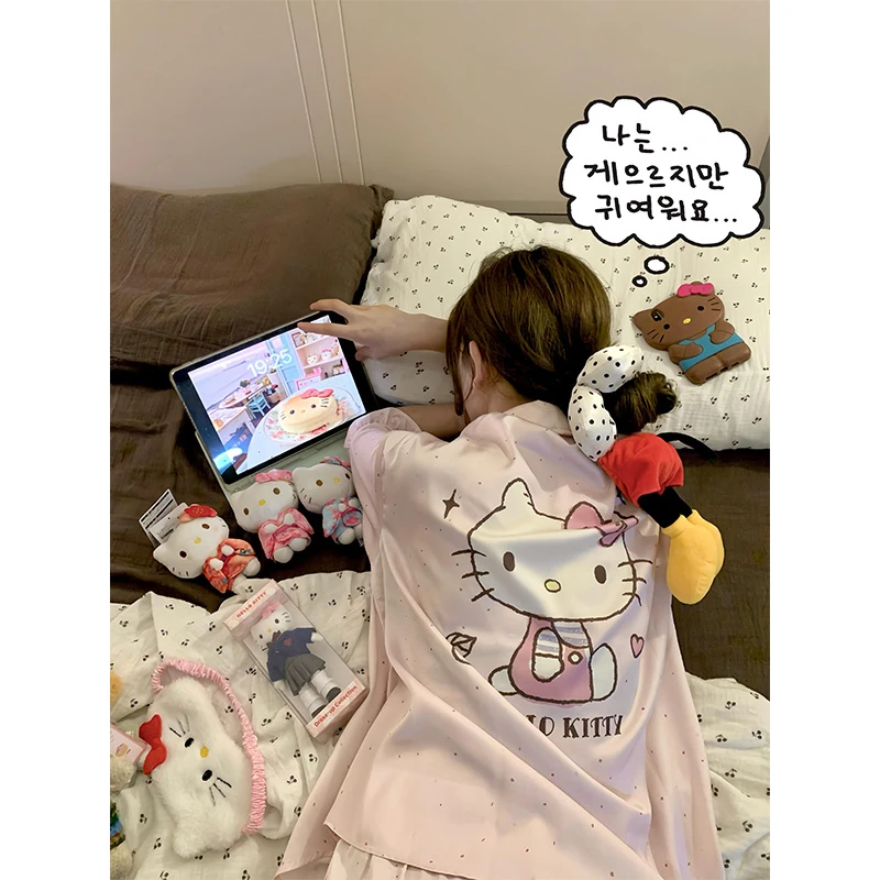 ins风甜美卡通Kitty印花休闲睡衣女春秋款网红风新款家居大码套装