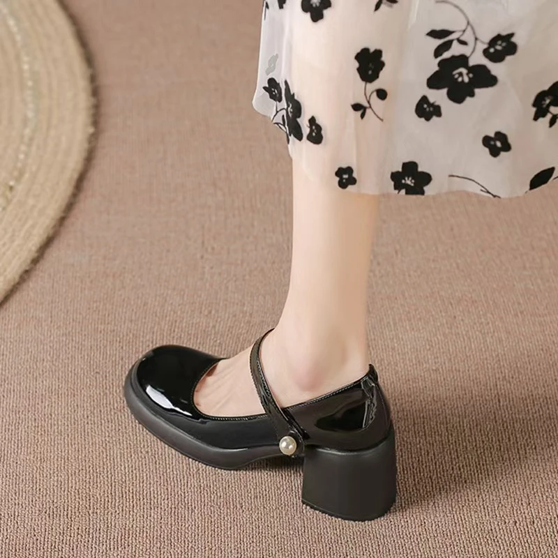 玛丽珍粗跟单鞋女珍珠法式复古高跟鞋一字带浅口仙女鞋学院