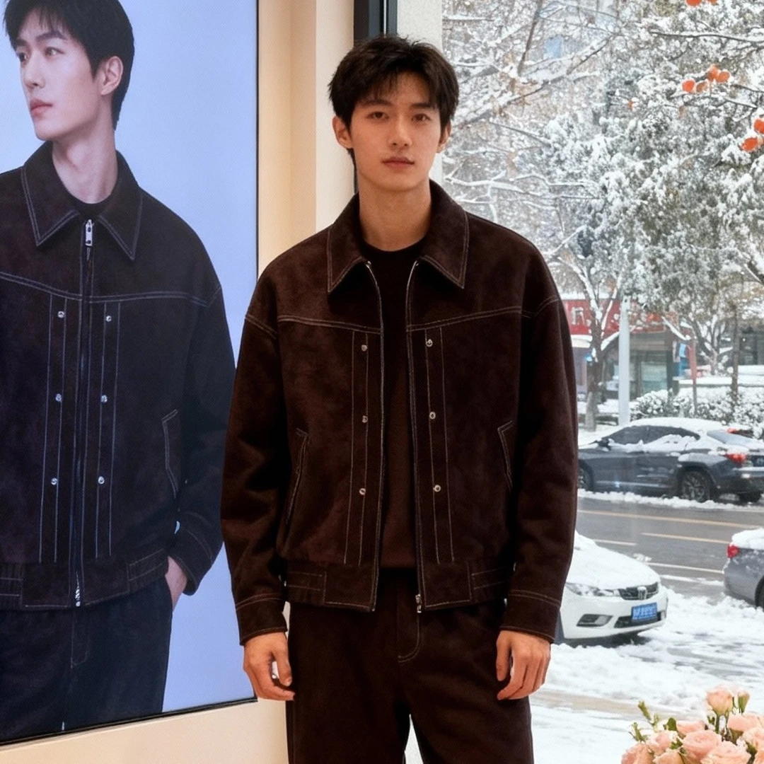 The VIRAAG[赛琳] Ce风反绒绵羊皮学院风咖啡色撞色线轮廓感8806