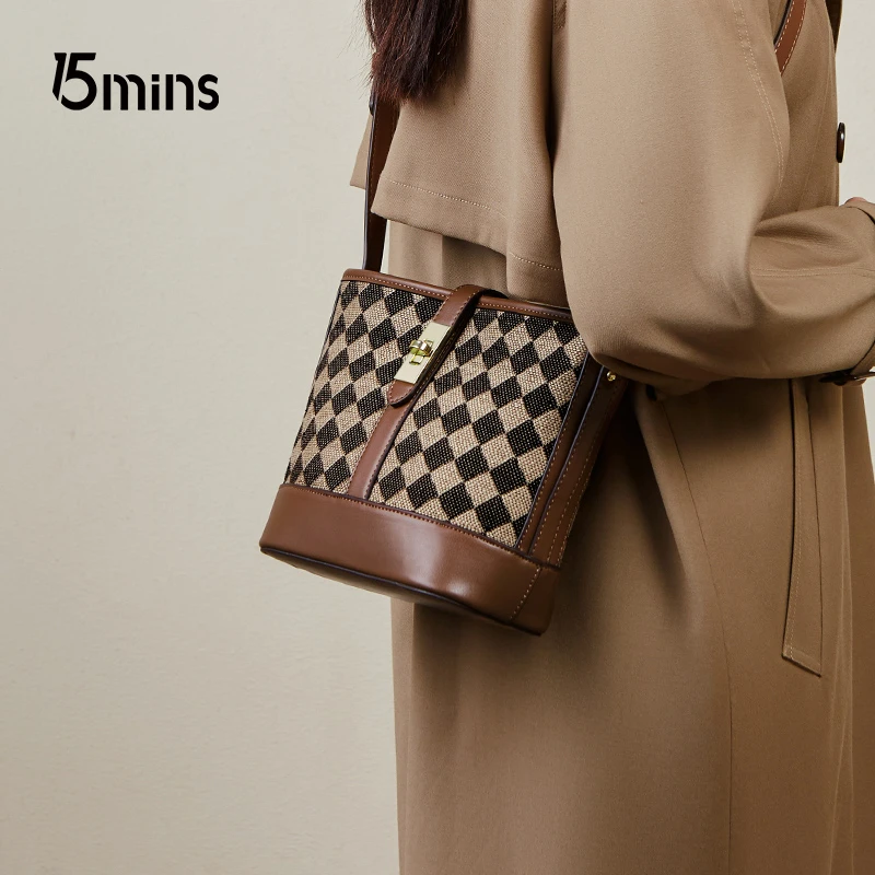 【15MINS]】25新款轻奢时尚复古千鸟格小包包单肩水桶包H1094CX3
