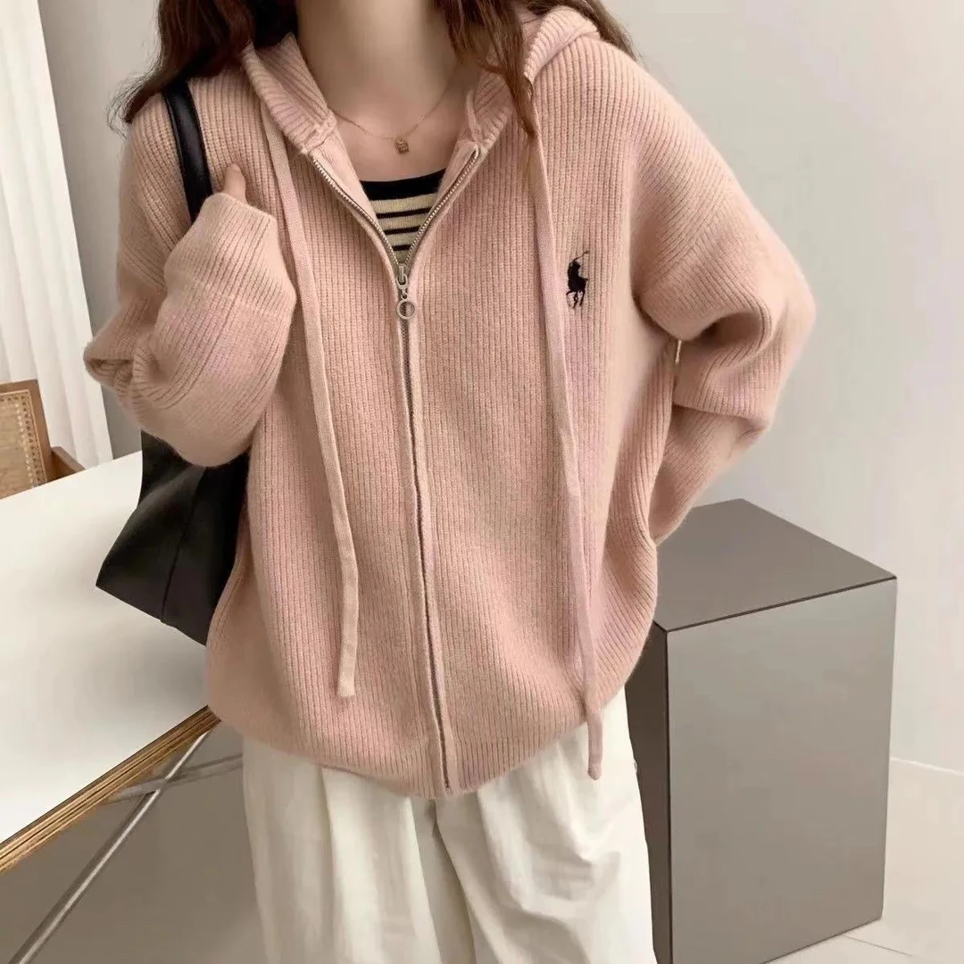 连帽针织开衫毛衣宽松外套春秋新款拉链韩版慵懒风气质休闲上衣
