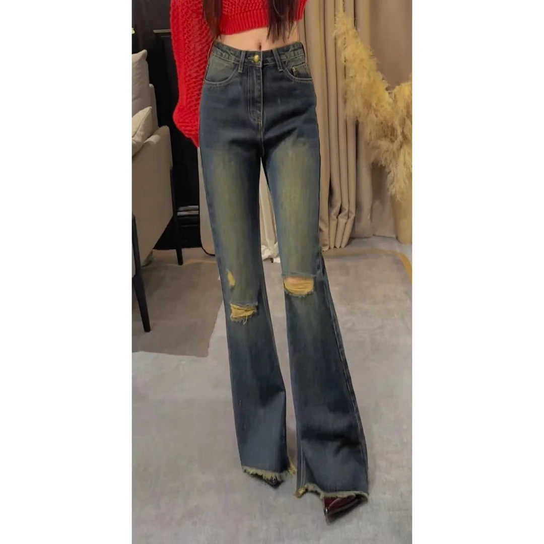 【李十一LISHIYI】破洞设计感牛仔喇叭裤   两个版本0205-2