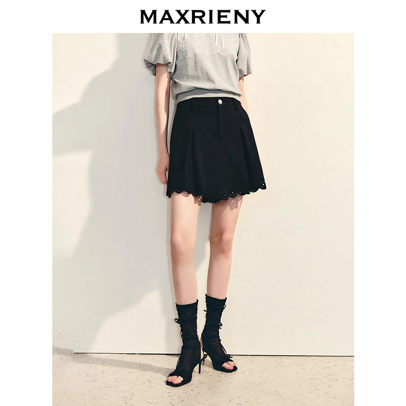 MAXRIENY精致优雅收腰a字短裤2025春季新款镂空欧若智性风感裙裤