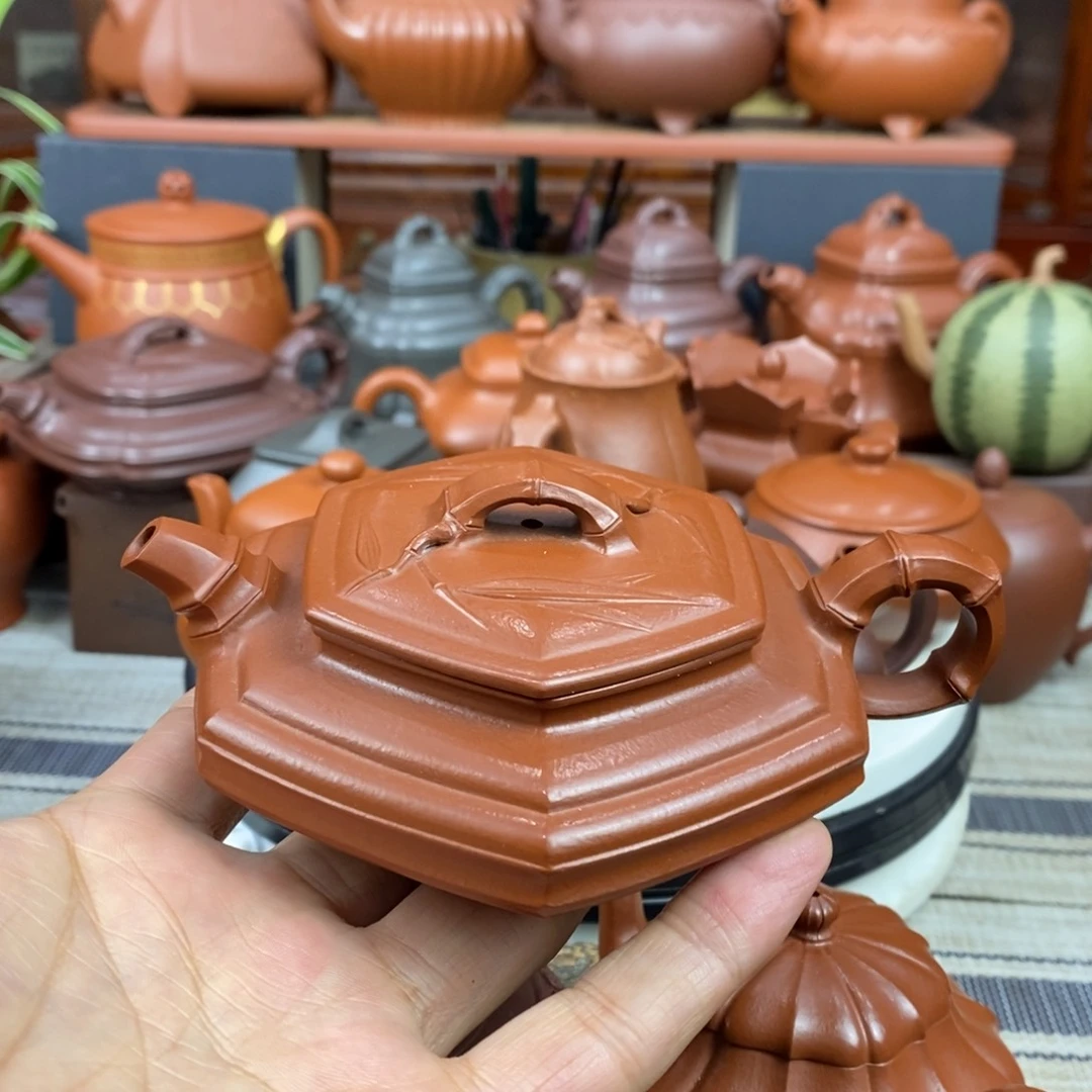 紫砂茶壶六方扁竹150Cc原矿赵庄朱泥