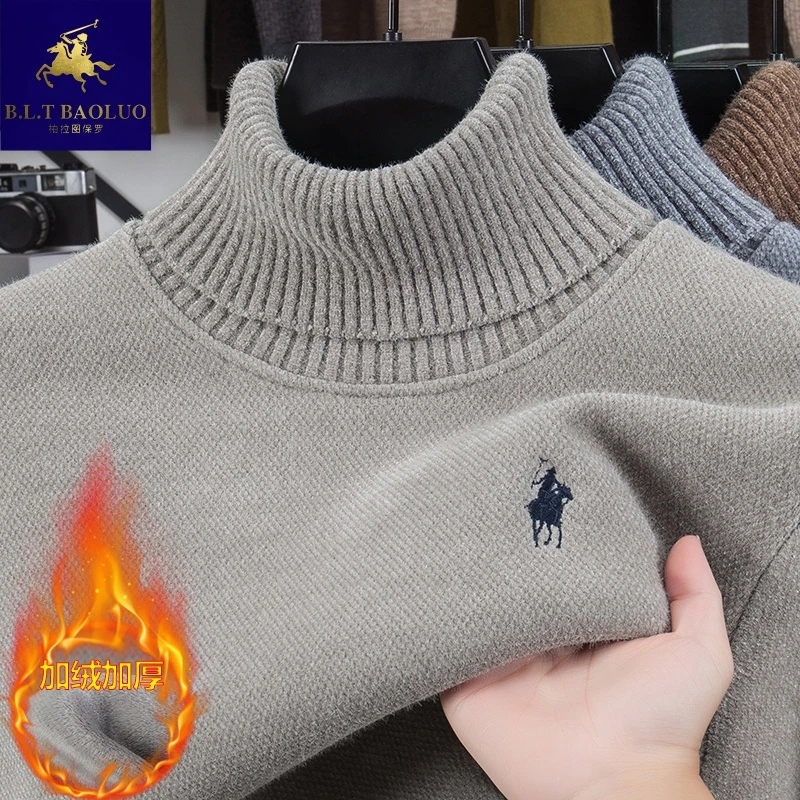 保罗中年时尚刺绣冬季针织毛衣韩版可翻高领长袖毛衣内搭男士保暖