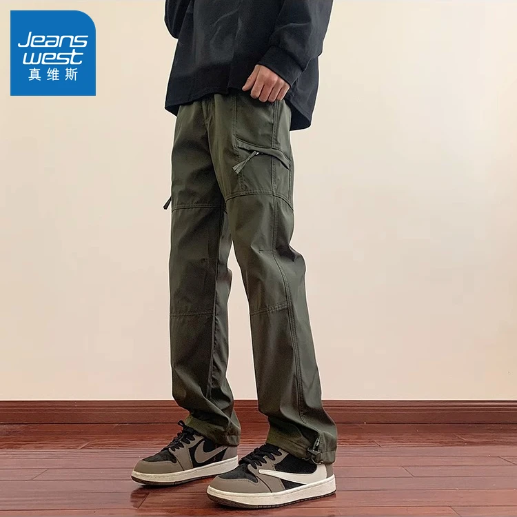 真维斯美式潮牌阔腿机能裤子男春季宽松直筒军绿色男士休闲裤痞帅