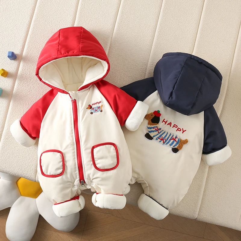 冬季加厚连帽新生儿宝宝婴幼儿儿童冬季保暖腊肠狗厚棉哈衣