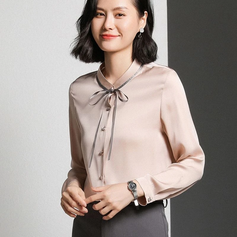 真丝清版！重磅桑蚕丝衫女长袖时尚系带垂感气质上衣1930