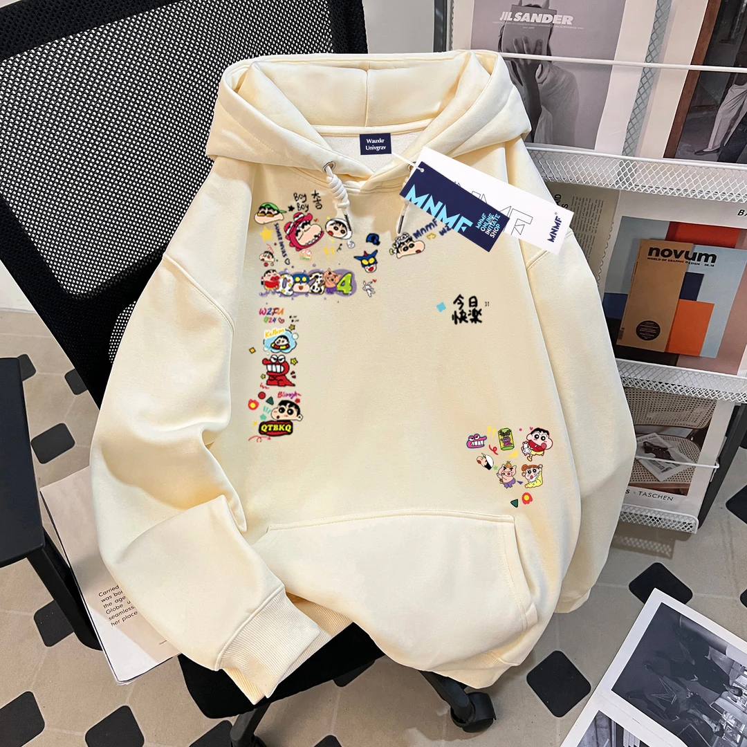 男女童卡通蜡笔小新印花连帽卫衣秋冬季中大童潮牌百搭休闲风上衣