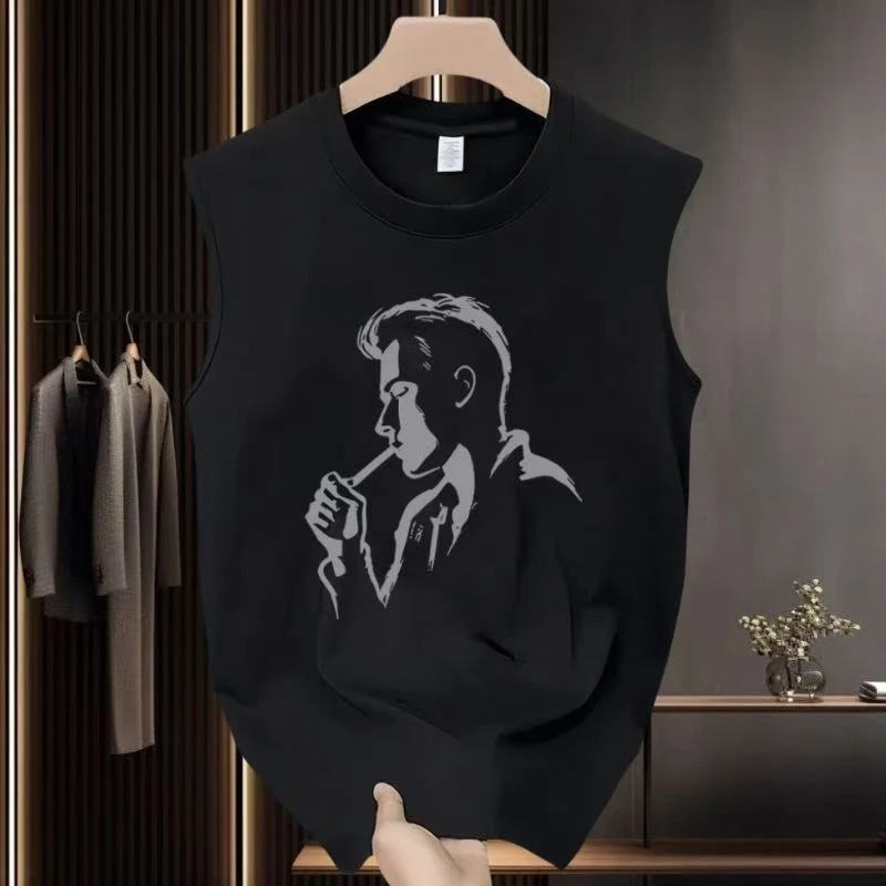 阴影男人 夏季潮牌圆领无袖t恤背心男款美式坎肩健身印花纯棉上衣