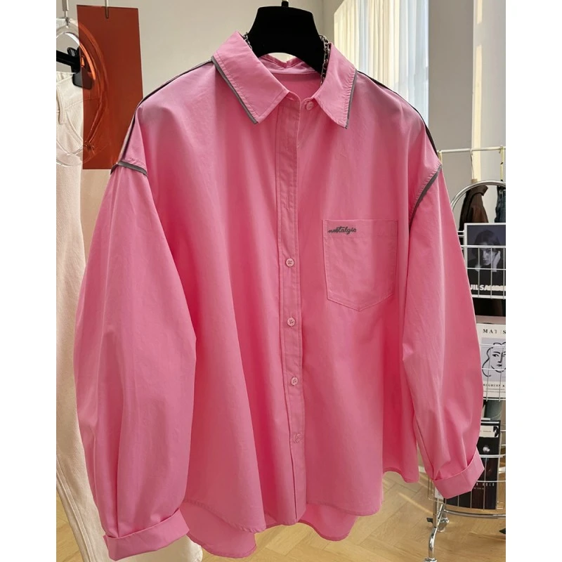 2025新款设计感包边撞色休闲宽松长袖衬衫女春秋法式别致漂亮上衣