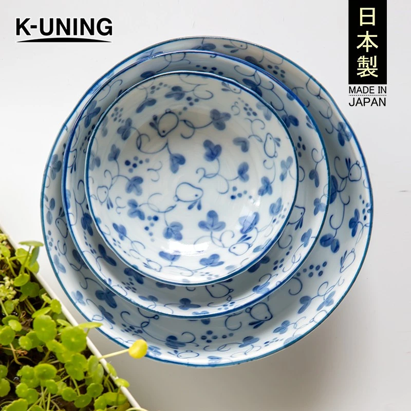 K-UNING日本进口不规则陶瓷碗日式个性釉下彩钵兔子卡通饭碗彩绘