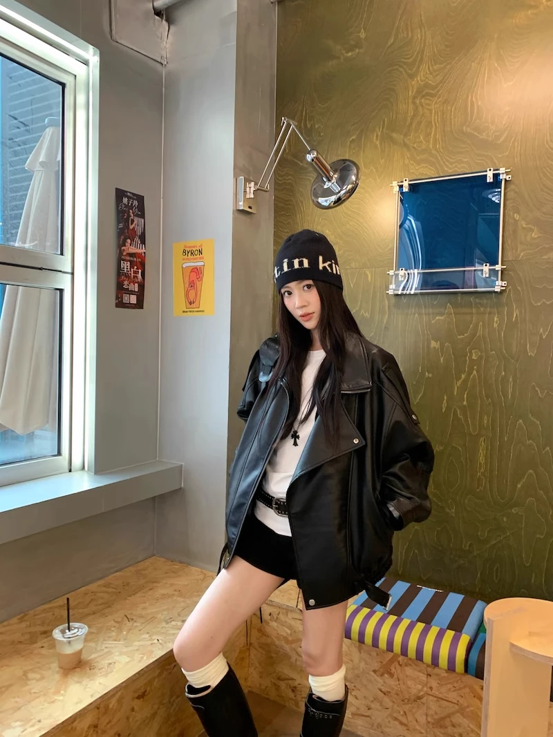 破价秋季港风辣妹皮衣外套女百搭网红机车皮夹克宽松油蜡皮上衣女