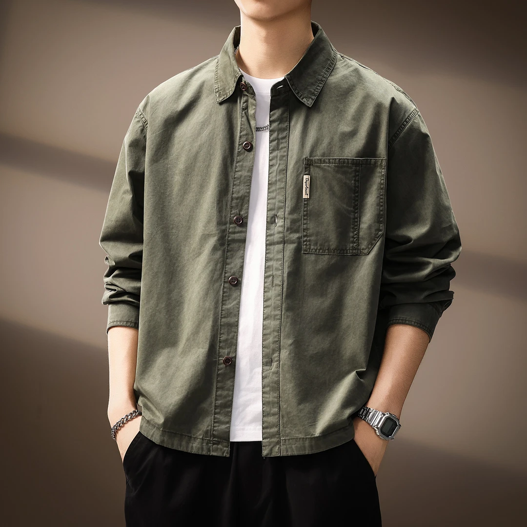 MR.MUDI/穆迪先生高端工装长袖衬衫男士秋季新款宽松石磨衬衣外套