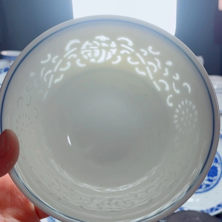 青花玲珑6寸面碗满雕双福双线