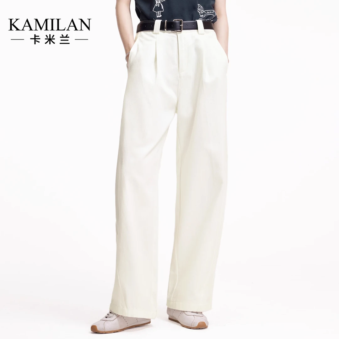 卡米兰白色直筒休闲裤女夏新款流行宽松阔腿裤高腰裤子