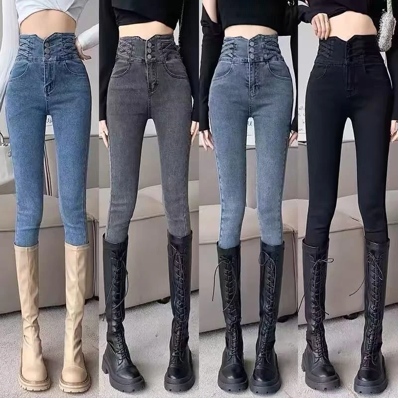 2高腰加绒加厚靴子裤紧身牛仔裤