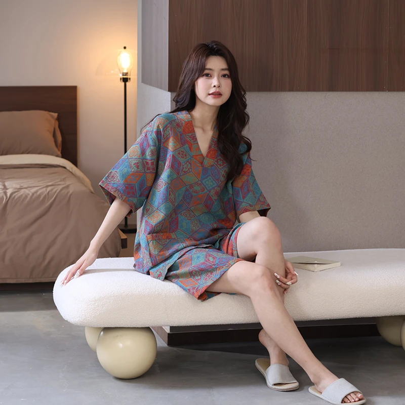 纯棉印花高档汗蒸服女款男士情侣大码洗浴浴服盐蒸头足疗酒店全棉