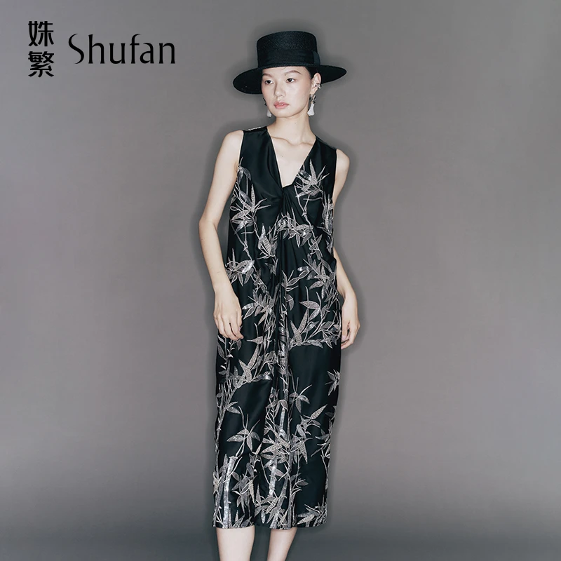 姝繁 清幽雅致✖黑色气质重工墨竹绣花连衣裙 SKWFR1L600-1