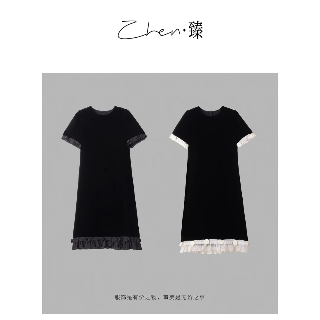 ZHEN.臻 法式精致立体玫瑰花褶皱网纱真丝丝绒连衣裙LYQ8224Z