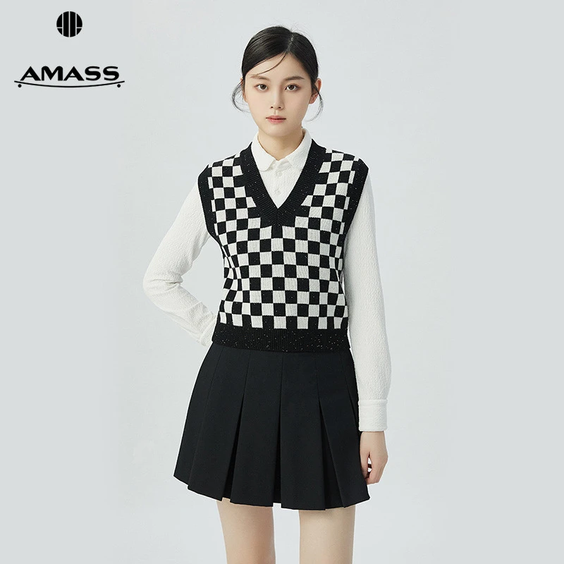 阿玛施AMASS新款女装纯羊毛经典V领棋盘格套头针织马甲5399624
