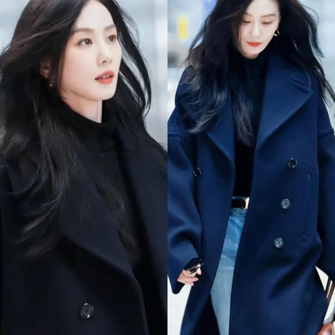 刘诗诗明星同款巴黎时装周同款加厚保暖羊毛长款气质毛呢大衣外套