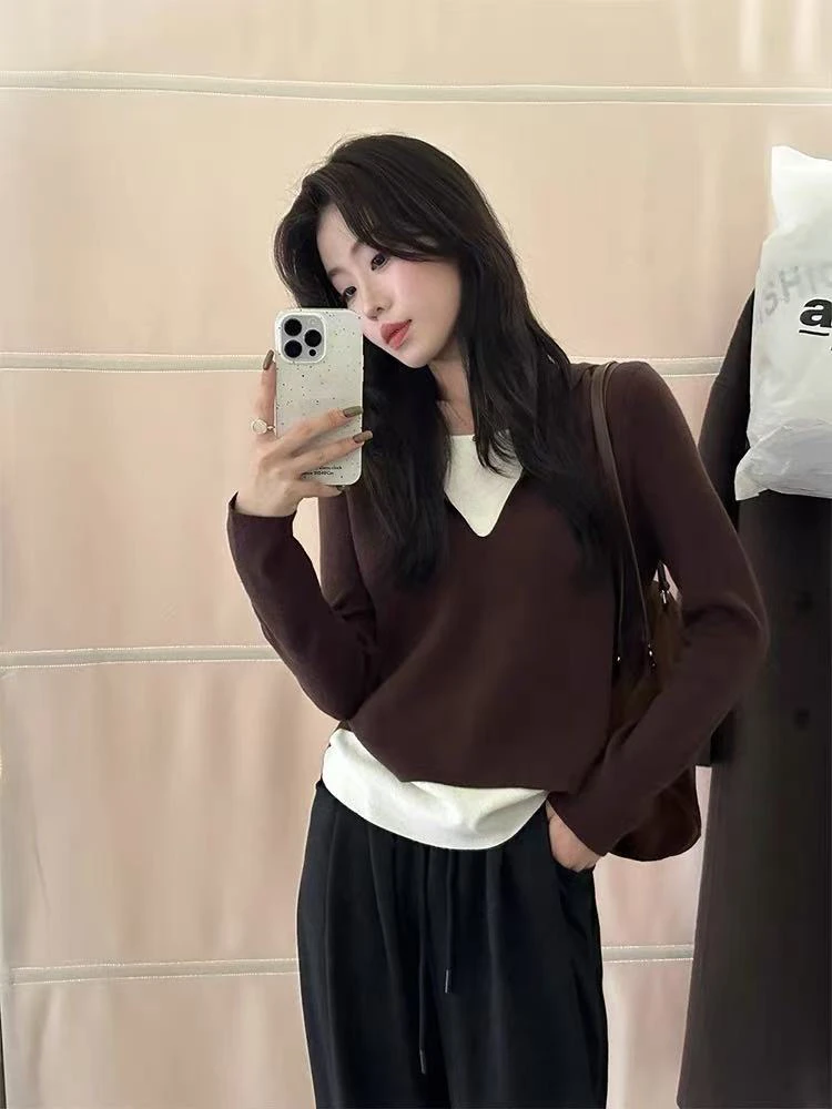 透气女假两件毛针织衫针织衫秋季女装短款翻领百搭时尚上衣