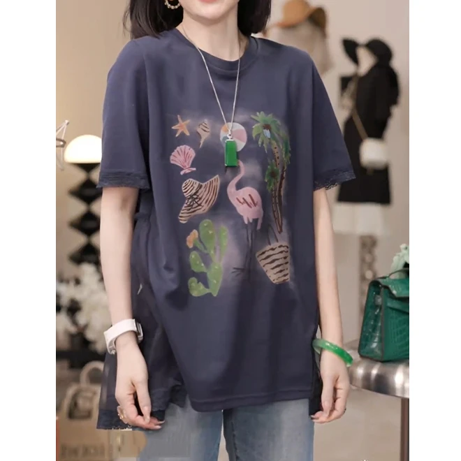 夏季新款休闲拼接蕾丝网纱短袖2025时尚设计感减龄上衣女