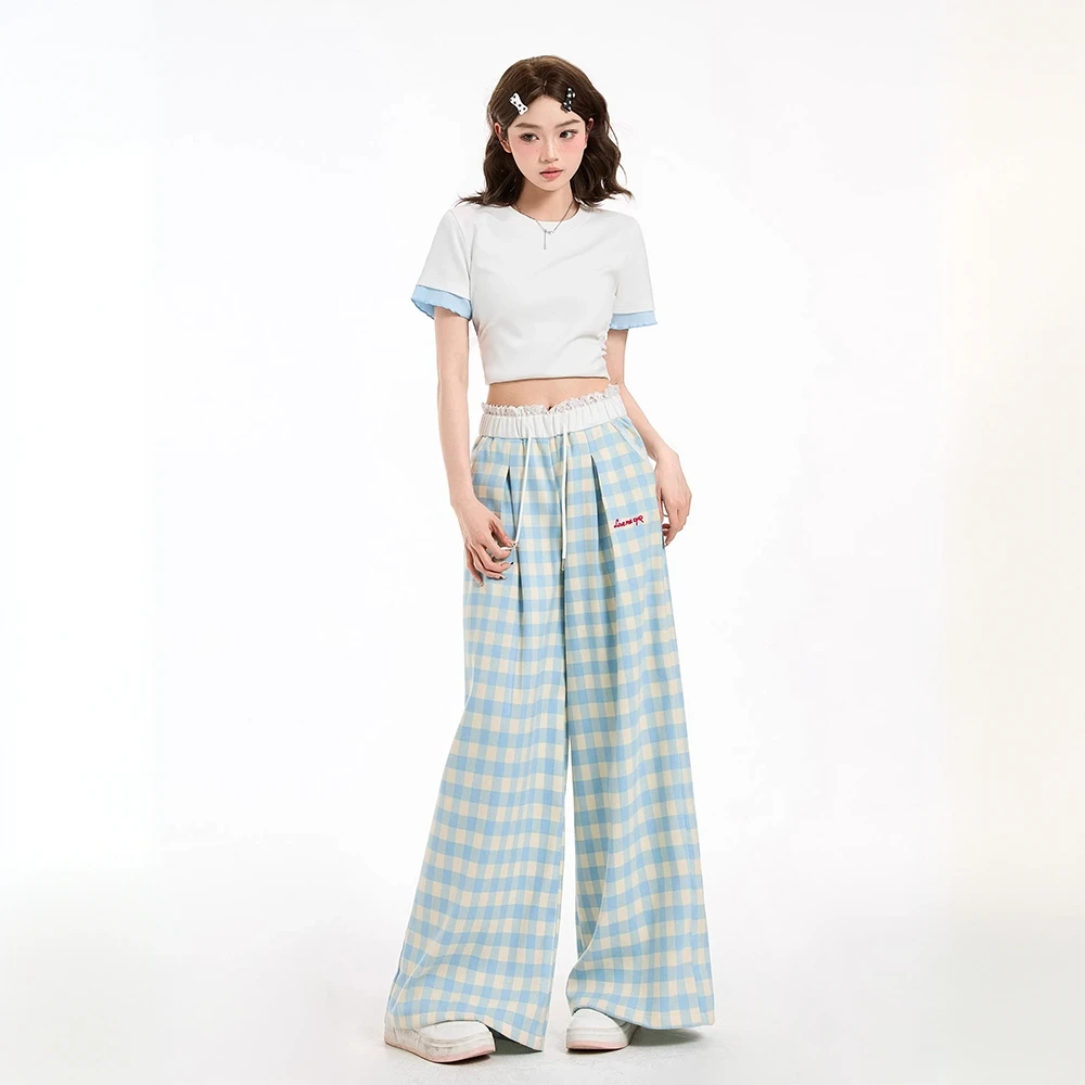 蓝色休闲直筒裤女2025新款格子蕾丝花边拼接宽松慵懒风高腰阔腿裤