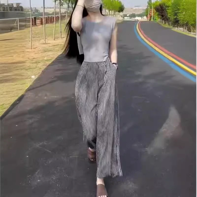 大爱美依缘2025夏季新款纯色无袖修身上衣条纹休闲阔腿裤女