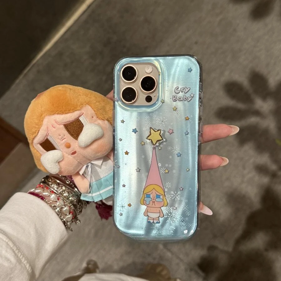 渐变蓝星星高帽哭娃适用iPhone16pro可爱15promax手机壳14保护套