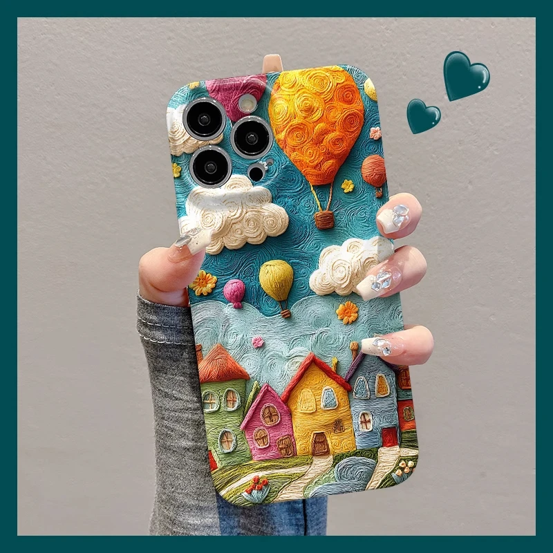 油画云朵小镇适用苹果16手机壳华为爆款vivo创意小米15oppo菲林壳