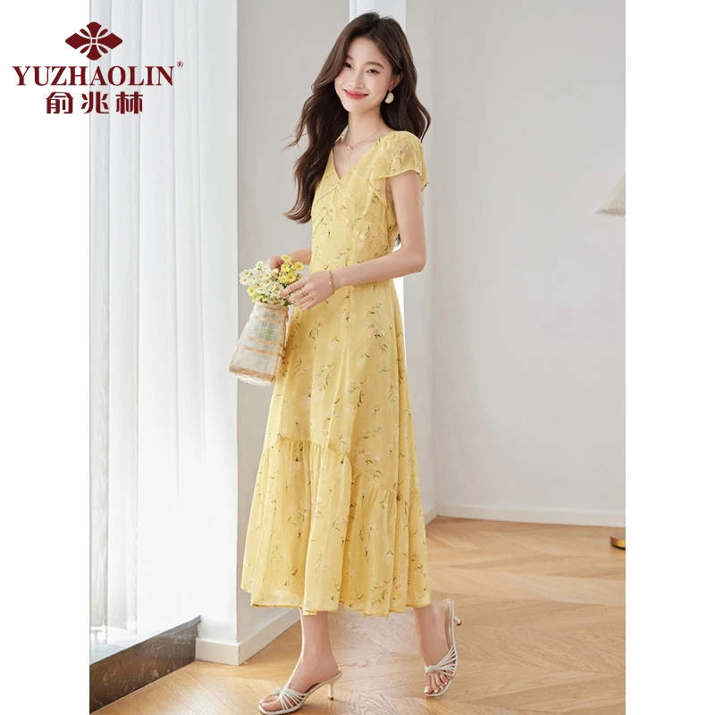 俞兆林2025夏季新款V领短袖碎花雪纺连衣裙女收腰显瘦温柔法式仙