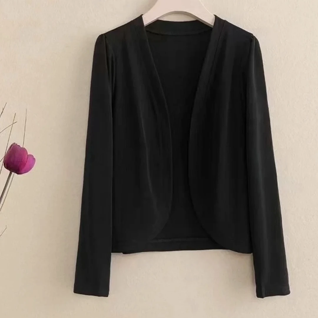 624春秋款气质长袖洋气时尚百搭纯色短款针织外搭开衫披肩2