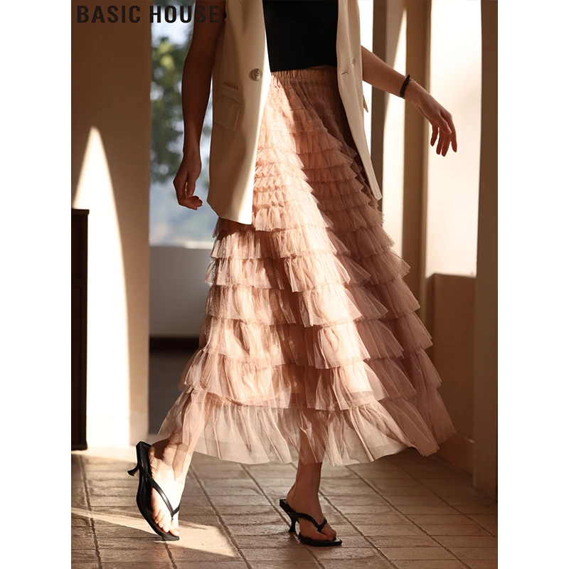 Basic House/百家好粉色高腰网纱蛋糕裙A字半身裙女2025春季新款