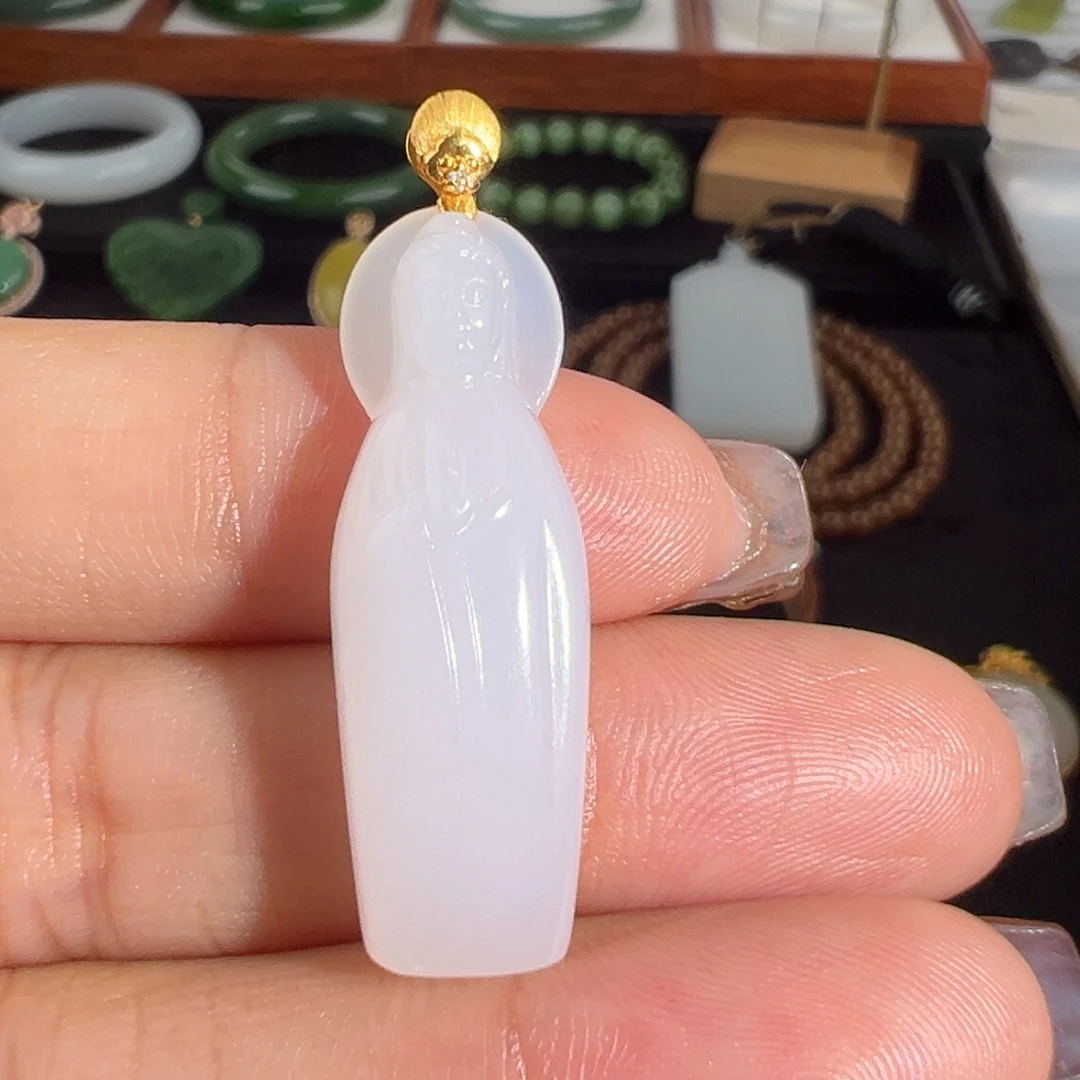 和田玉（白玉）18K金镶嵌颈饰羊脂白油膏观音