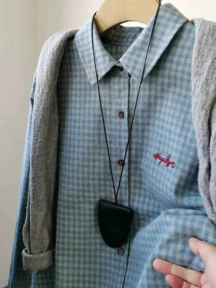 雾感灰蓝撞色长袖衬衫简约复古磨毛刺绣字母格子衬衫宽松叠穿衬衣