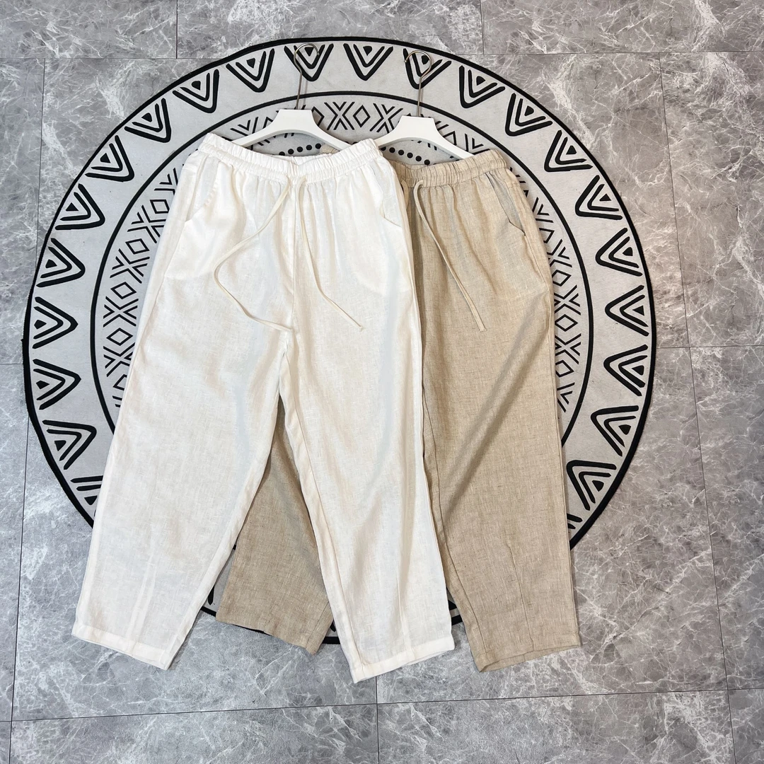 亚麻长裤小脚裤2025款夏季九分裤休闲裤松紧腰百搭裤子