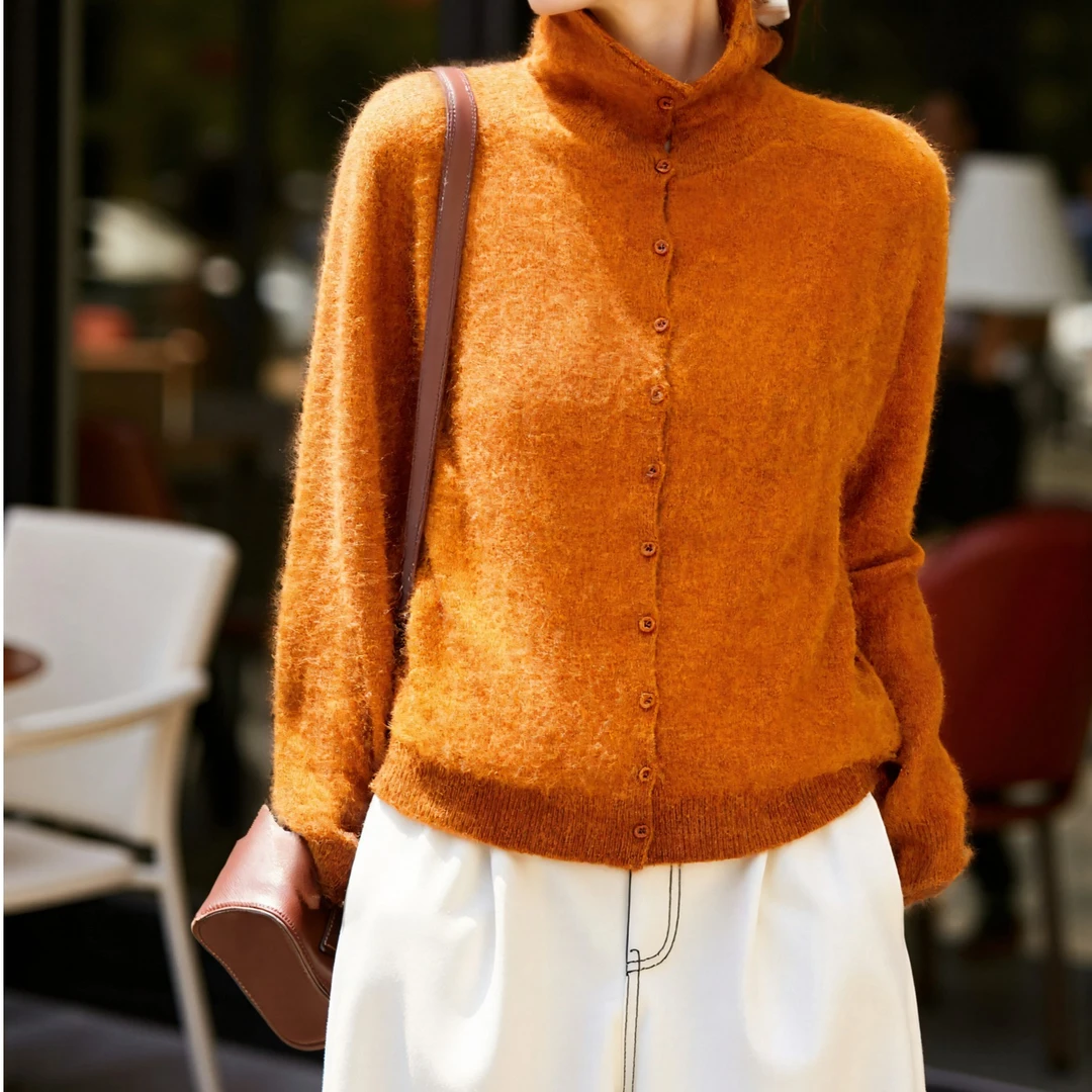 昊哥秋冬新款韩系时尚百搭羊毛羊绒拉毛半高领针织开衫8210