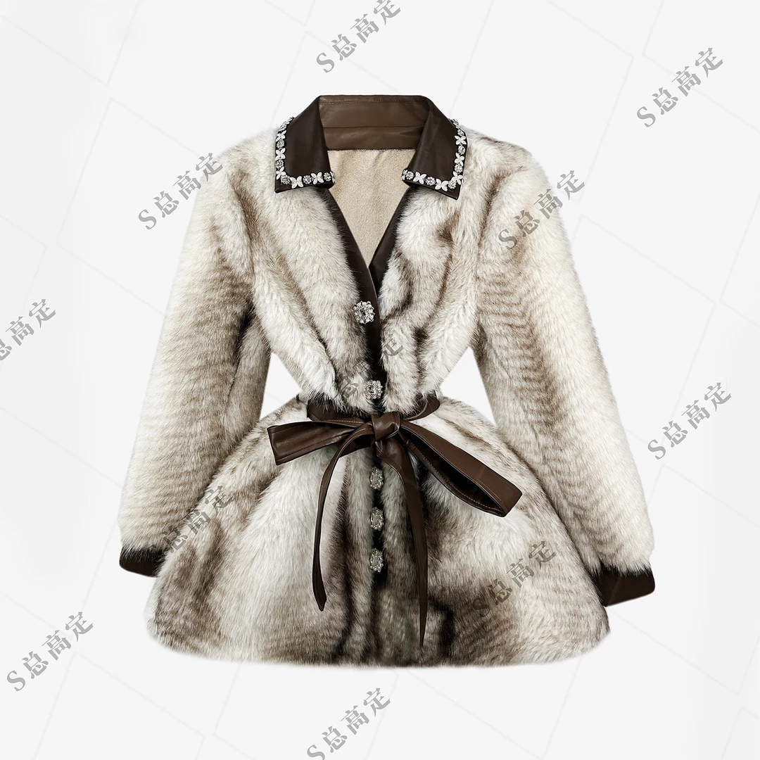 【夏夏专属】法式冬季轻奢拼接钉珠亮片艺束腰显瘦百搭外套D0349