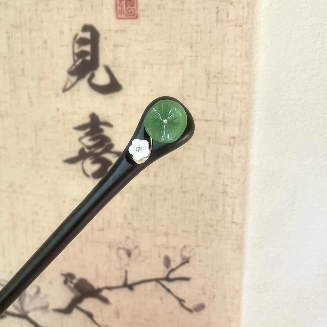 15厘米黑檀木发簪双面装饰荷叶小花簪子日常百搭发饰精致木簪子