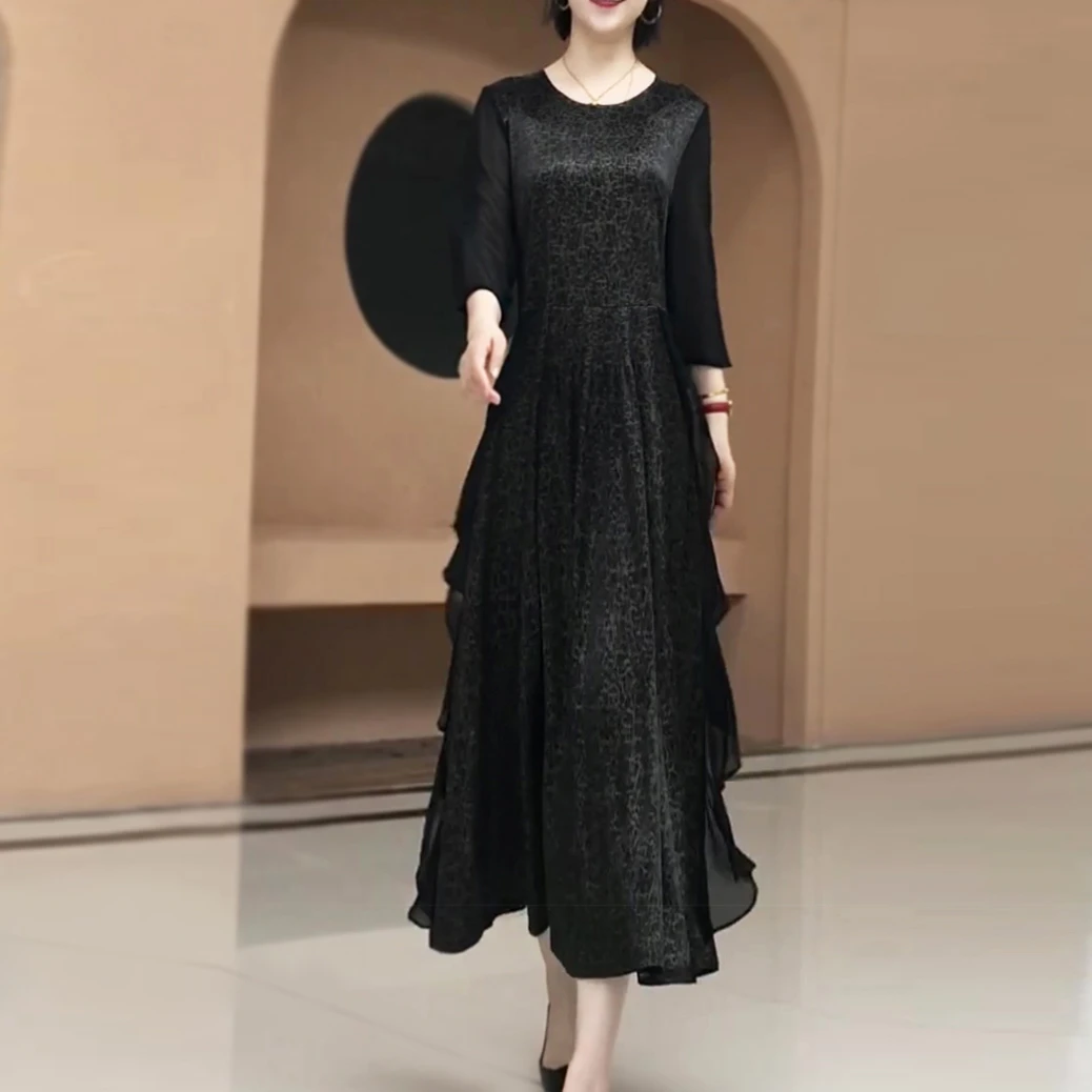 夏季新款法式连衣裙纱袖过膝长裙雪纺荷叶边拼接大裙摆气质礼服裙
