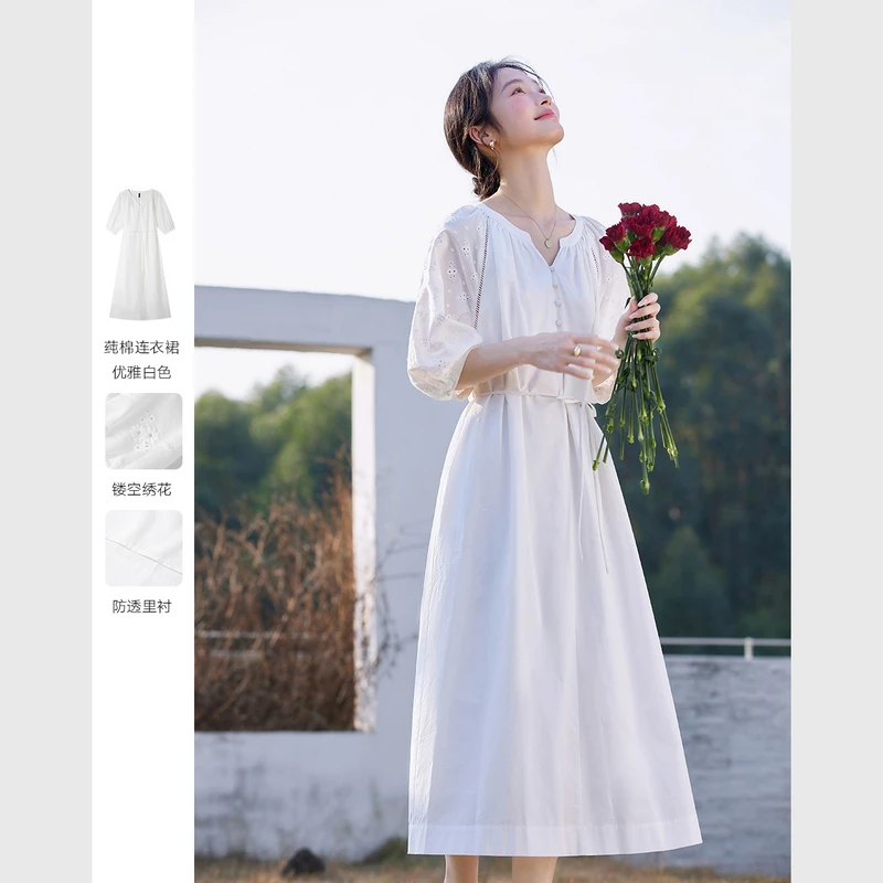 梵希蔓镂空绣花连衣裙女2025夏季新款气质V领收腰显瘦裙子A0753