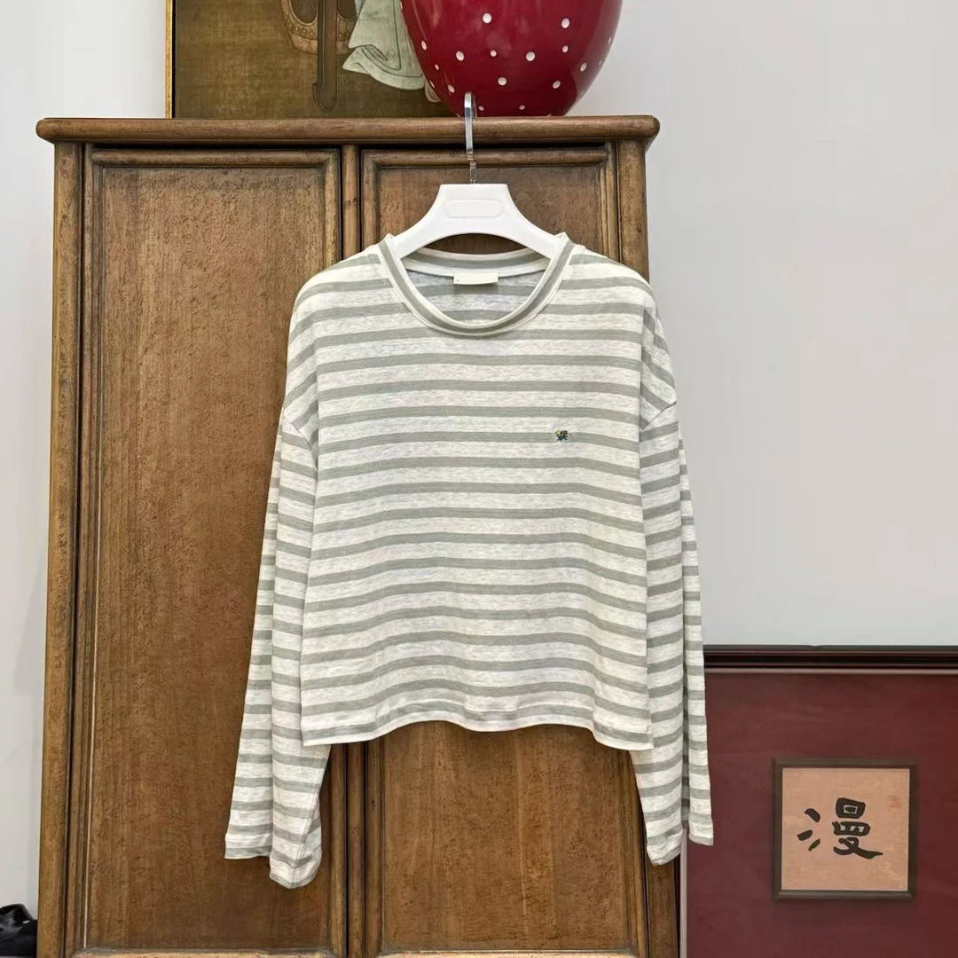 MYL2025春季新品亚麻红白条纹T恤圆领长袖休闲宽松时尚上衣