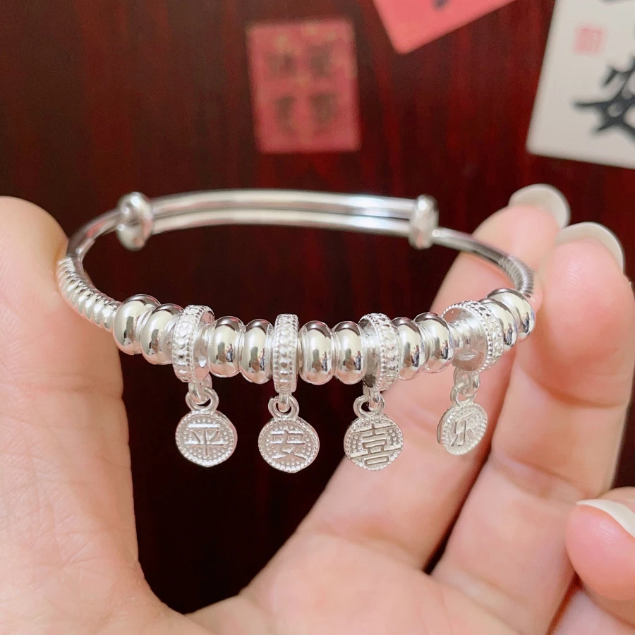 足银手镯 平安喜乐足银9999手镯新中式国潮风小众设计可调节手环