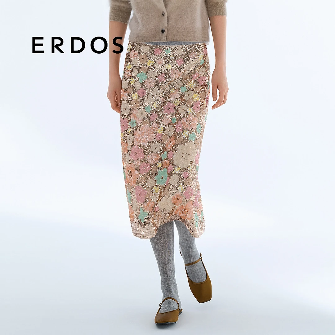 ERDOS 梦幻手绘花朵亮片刺绣波光粼直筒裙 【樱花雨】25年早春新品
