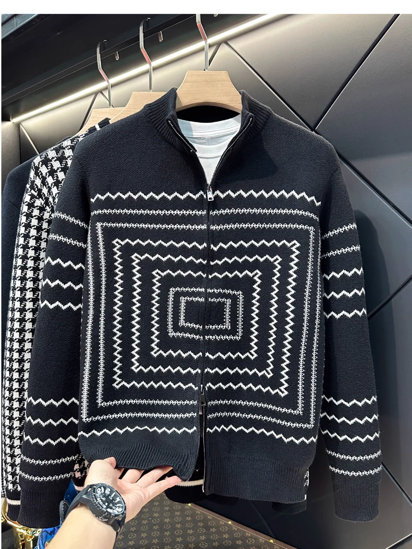 回型提花开衫外套抗起球轻奢双拉链针织毛衣秋冬男士加厚休闲上衣