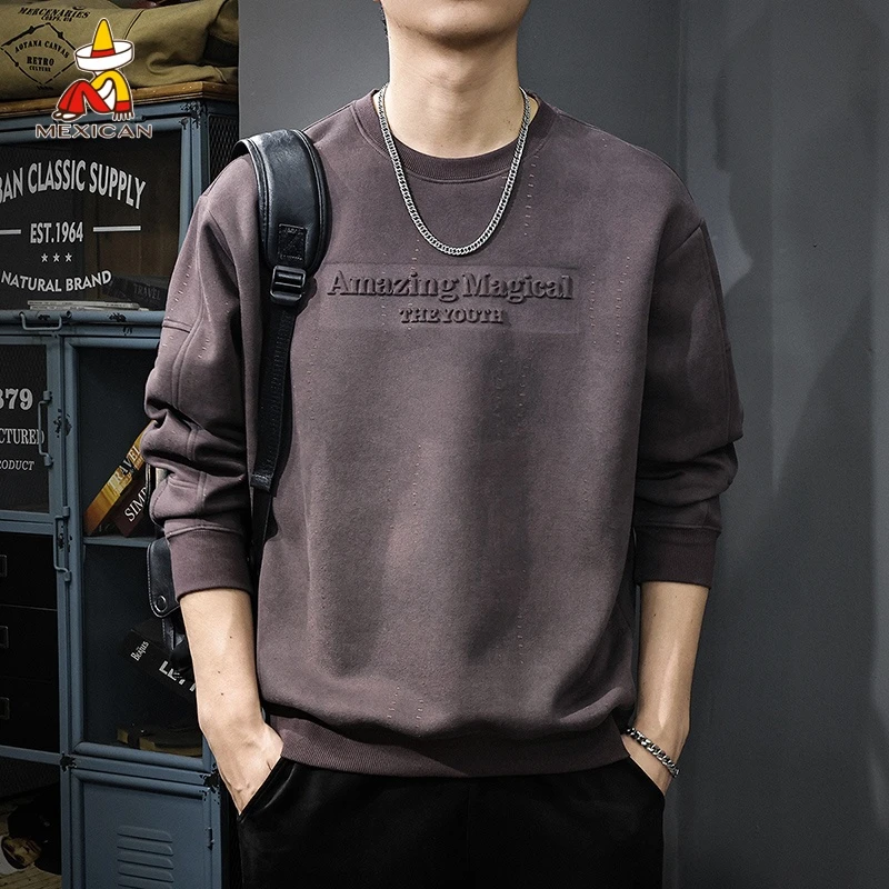 Mexican/稻草人美式复古钢印卫衣男款秋季宽松休闲圆领百搭上衣潮